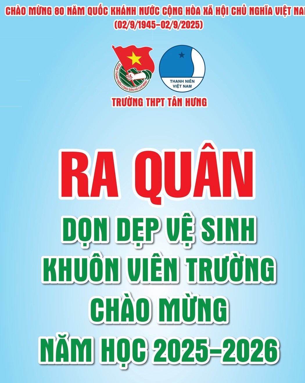 RA QUÂN VỆ SINH MÔI TRƯỜNG MỪNG QUỐC KHÁNH 2/9 VÀ NĂM HỌC 2025-2026